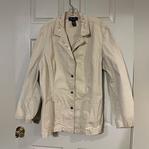 Denim&Co Cream Jacket with Pink Floral Embroidery 2x